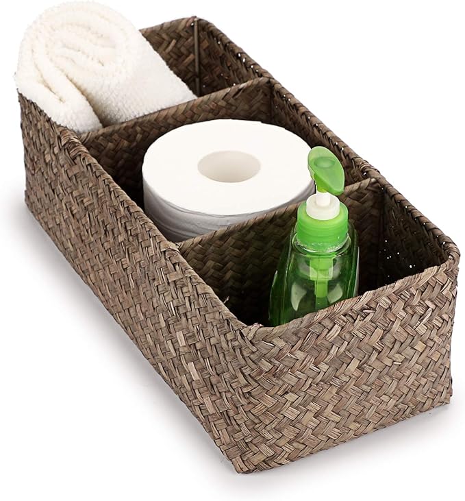 Hipiwe Seagrass Nesting Storage Basket - 3 Compartment Hand-Woven Wicker Toilet Paper Storage Bin Bathroom Organize Basket for Shelves, Kitchen Cabinets, Bathroom, Closets Organizer