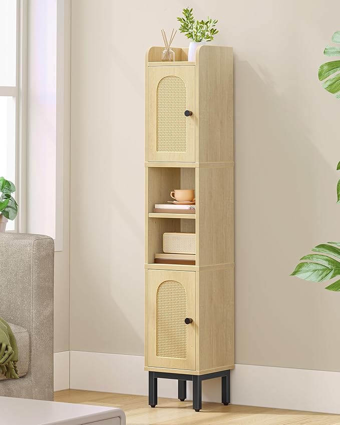 Slim Bathroom Storage Cabinet, Narrow Bathroom Organizers and Storage with 4 Adjustable Feet, Laundry Room Organization for Small Space, Kitchen, Living Room, 2 Doors Rattan Yellow BC22402Y