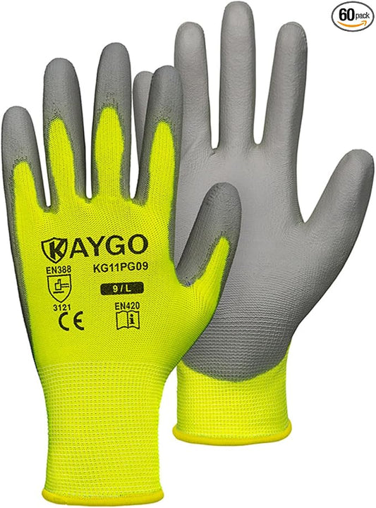 KAYGO Work Gloves for Men and Women,60 Pairs Seamless Knit PU Coated Safety Gloves, with Smooth Grip on Palm and Fingers, Ideal for Light Warehouse, Manufacturing, Gardening, KG11P (L,Green)
