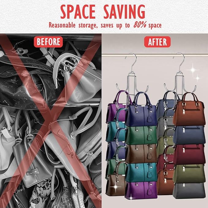 Handbags Purse Organizer for Closet: Bag Rack Hanger with 10 Big Hooks - 360° Rotation Purse Hanger for Display - Collapsible Space Saving for Handbag Belt Scarve Tie - 1 Pack Silver
