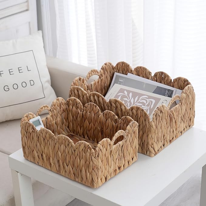 2-Pack Wicker Baskets with Handles, Large(15"Lx11"Wx7"H)&Small(13"Lx9"Wx6.25"H) Woven Storage Basket, Decorative Storage Basket for Home & Kitchen/Nursery Organizers