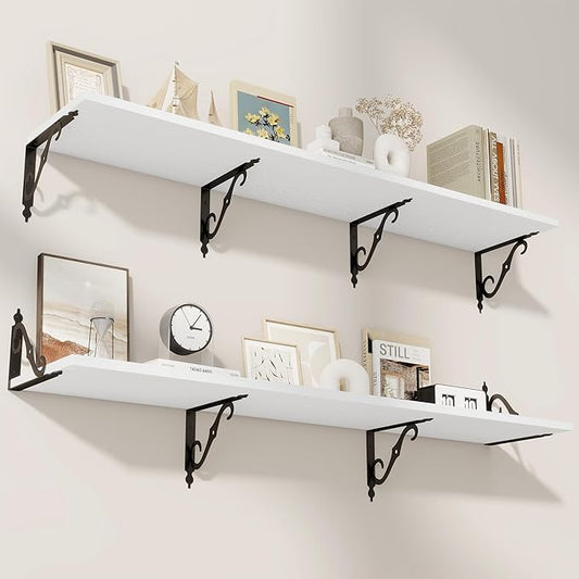 RICHFOCUS 12 Inch Deep Floating Shelves for Wall, 55" W x 12" D Wood Wall Shelves Set of 2, Wide Floating Shelves for Living Room, Bedroom, Kitchen, Bathroom and Decor Storage, White