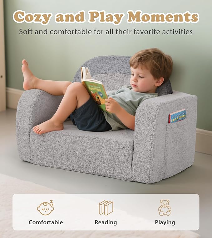 Kids Couch, 2-in-1 Soft Toddler Couch Fold Out with Blanket, Comfy Toddler Chair, Convertible Sofa, Gifts for Kids Girl Boys, Medium Grey Rainbow