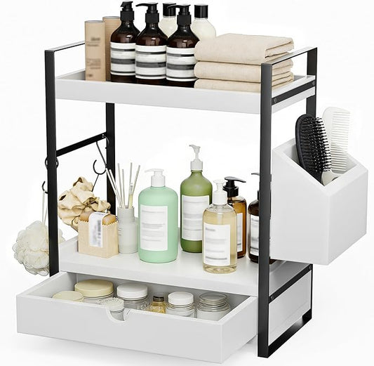 Kottwca Bathroom Counter Organizer with Drawer, 2-Tier Wood Countertop Organizer for Storage, Vanity Skincare Organizers, Bathroom Sink Shelf for Organization(White)