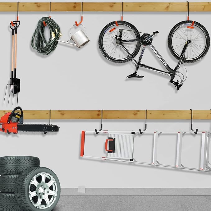 Rafter Hanger Large S Garage Hooks Bike Storage System Holder Organizer, with Non Slip Coating, for Organizing Hanging Basket, Ladders,Bicycle Wheel,Ropes and Bulk Items (6Pack, Orange)