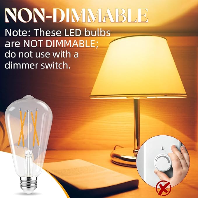 Edison Bulbs 60 watt LED Equivalent, Vintage Light Bulbs Non-Dimmable, 2700K Warm White, ST58 E26 LED Bulb, 90+ CRI, 6W 600LM, E26 Medium Base, Clear Glass, 12 Pack