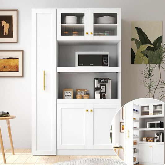 KEIKI 70.87" Tall Kitchen Pantry Storage Cabinet with Pull-Out Multi-Tier Shelf, Countertop, Glass Doors, Microwave Stand, Freestanding Wood Hutch Food Pantries Cupboard for Coffee Bar, Dining Room