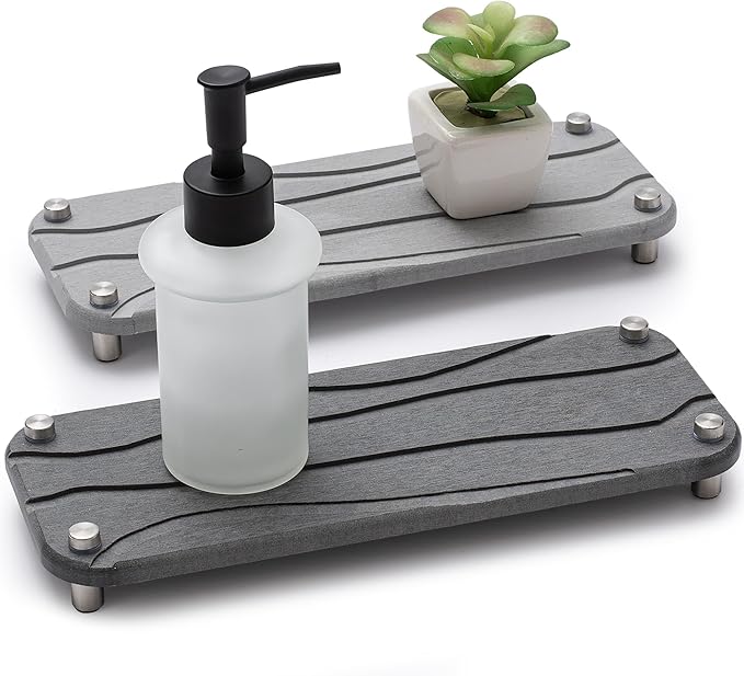2 PCS Quick Drying Stone Tray for Bathroom Counter- Water Absorbing & Fast Drying in Seconds - Kitchen Sink Caddy Organizer for Countertop as Sponge Holder (Gray and Dark Gray)
