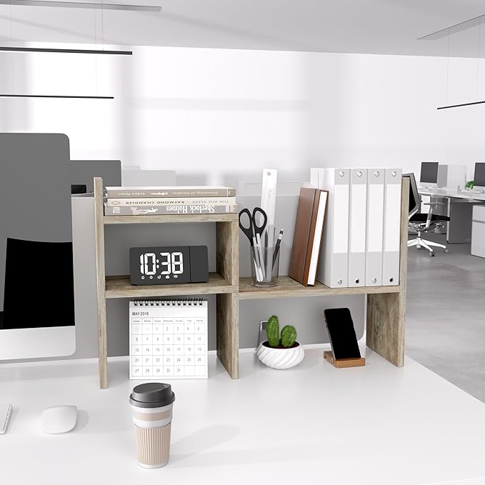 Jerry & Maggie Desktop Organizer Office Storage Rack Adjustable Wood Display Shelf Birthday Gifts Toy Home Decor Free Style Rotation Display True Natural Stand Shelf (Gray Oak/2 Pack)
