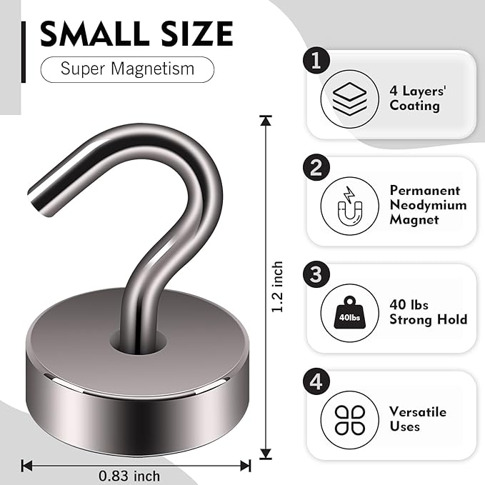 Neosmuk Magnetic Hooks, Cruise Ship Essentials, 4lb+ Heavy Duty Magnetic Hooks for Cruise Cabins, Refrigerator, Grill, Hanging, and Travel | Extra Strong Must-Haves Magnet Hook,Grey,Pack of 4