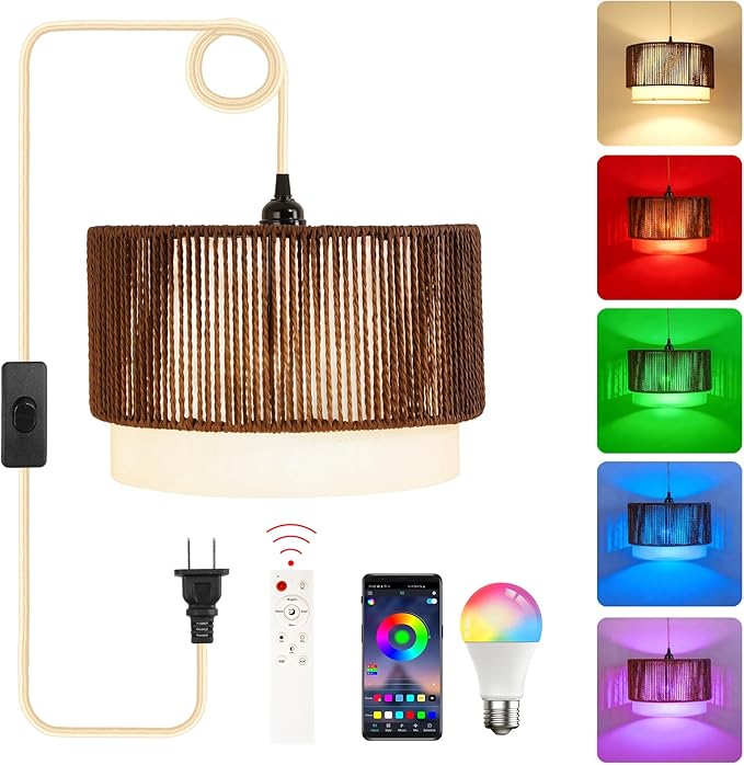 Plug in Pendant Light, Hanging Lamp with Woven Shade, Ceiling Light Fixture with On/Off Switch and 15FT Cord, Farmhouse Hanging Lighting for Living Room, Bedroom, Dining Room