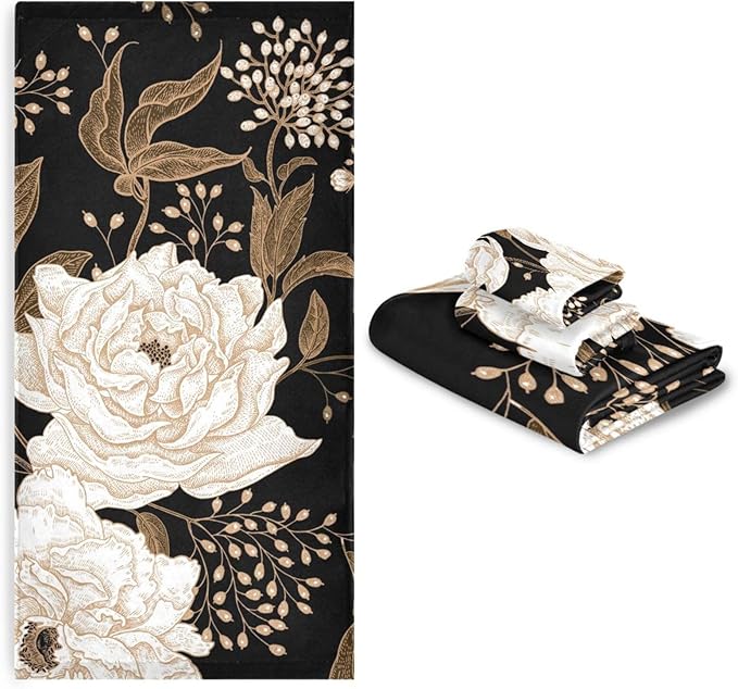 3 Piece Vintage Beige Peony Bath Towels Set,Microfiber Absorbent Gold Black Floral Leaves Rustic Towels for Bathroom,1 Bath Towel,1 Hand Towel,1 Washcloth,Decorative Guest Bathroom Towels