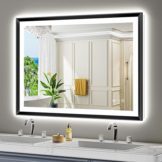 44x30 Black Framed LED Bathroom Mirror with Lights, Backlit and Front Light, Lighted Bathroom Vanity Mirror for Wall Dimmable Anti-Fog Memory Tempered Glass Horizontal/Vertical