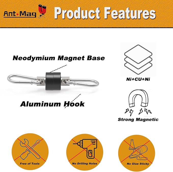 Ant Mag Magnets Hooks Heavy Duty with Carabiner 22lbs Strong Magnets Great Hanging for Refrigerator Cruise Cabin Grill Wreath Kitchen Office 10 Pack Black