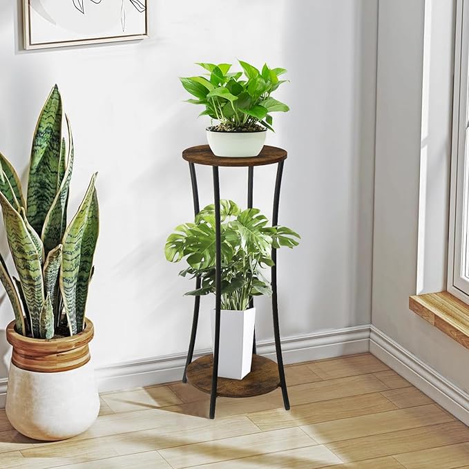 YINMIT Plant Stand Indoor,2 Tier Round Potted Holder Rack,Flower Pot Stand Shelf,Round Supports Rack,Corner Plant Shelf for Balcony Garden Patio Living Room,Brown