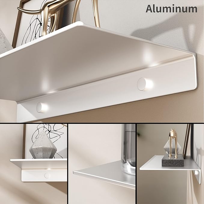 Danpoo Adhesive Floating Shelves for Wall Storage, Metal Wall Shelves for Living Room, Bathroom, Kitchen, 12” Small Display Shelves for Collectibles(Silver, 2 PCS)
