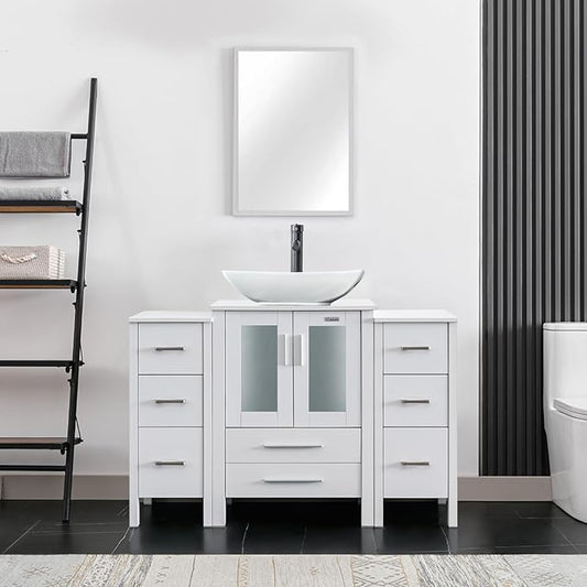 eclife 48" Modern Bathroom Vanity Sink Combo Freestanding Cabinet with Small Side Cabinet, White Curved Ceramic Vessel Sink, Water Save Faucet, Drain (White+T32)