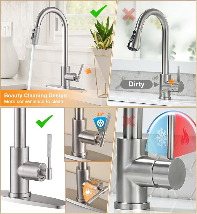 High Flow Kitchen Faucet 2.2 GPM, High Pressure Brushed Nickel Pull Down Sprayer, Stainless Steel Single Handle Sink Faucet for 1/3 Hole 10" Deck Plate