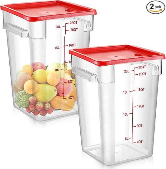 Suclain 2 Pcs Square Food Storage Container Polycarbonate Clear Food Container with Lid Commercial Rice Storage with Graduations for Commercial Kitchen(22 Qt,Red)