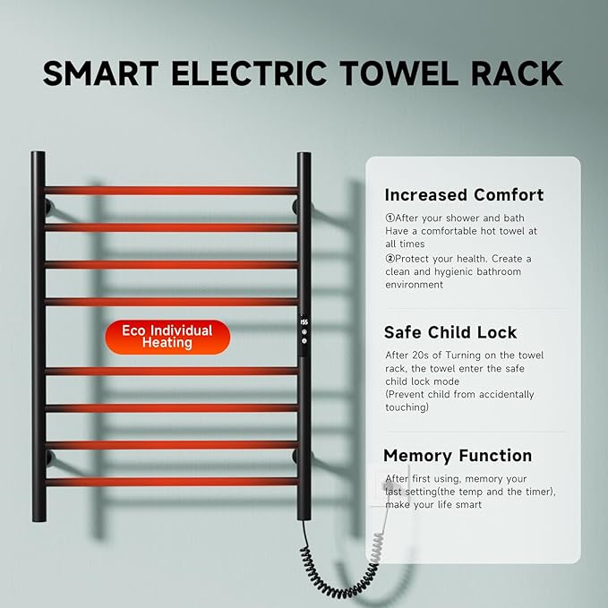 Wall Towel Warmer Rack for Bathroom - 8 bar Heated Towel Rack Timer and LED Indicator for Bathroom, Wall Mounted Electric Towel Rack, Aluminum Alloy Matte Black, Plug-in