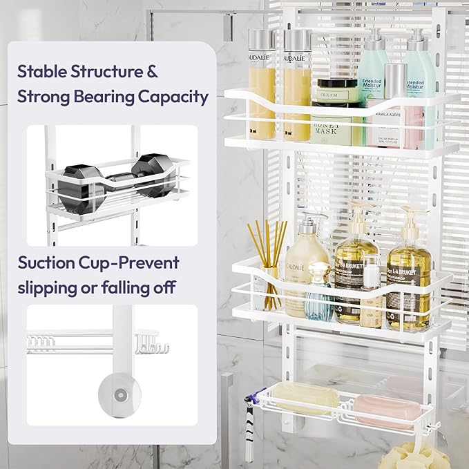 SWTYMIKI Over the Door Shower Caddy - 3 Tier Adjustable Shower Organizer Hanging with Soap Holder, No Drilling Stainless Steel Bathroom Hanging Caddy for Body Wash, Shampoo, Soap, Razor, White