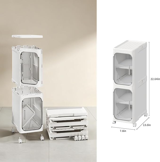Narrow Storage Cabinet Slim Bathroom Storage Cabinet with Movable Wheels Tall Bathroom Organizer Skinny Cabinet for Small Spaces，2-Tier White