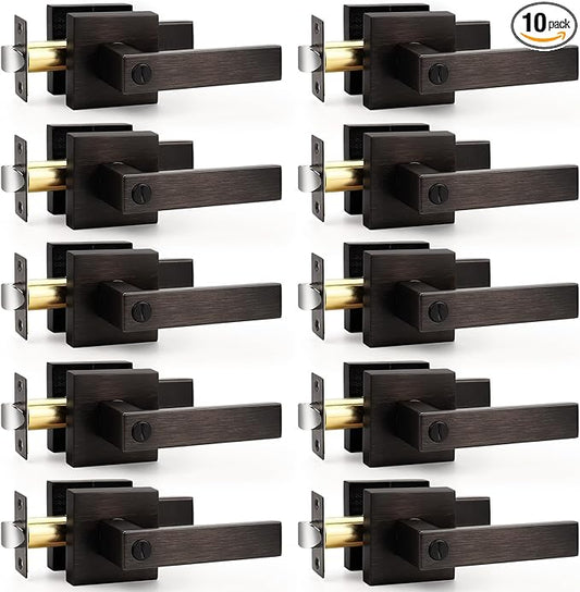 Probrico 10 Pack Commercial Heavy Duty Privacy Door Levers, Flat Style Door Handle Set for Bed and Bath, Left or Right Handing Leverset Lockset, Oil Rubbed Bronze Finish