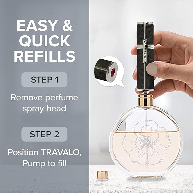 Milano Perfume Atomizer - Leak-Proof and TSA Approved for Air Travel - Reusable, Airtight, Easy Fill Mini Pump Sprayer - Lightweight Vegan Leather with Polished Metal Outer Shell - Black
