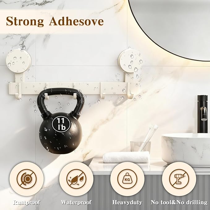 Coat Rack Walls Mount with 5 Hooks, Strong Suction Cup Hooks, Towel Rack No Drill Without Damage Wall Hanging Organizer for Bathrooms, Closets, Kitchen, Entryway(2 Pack, White)