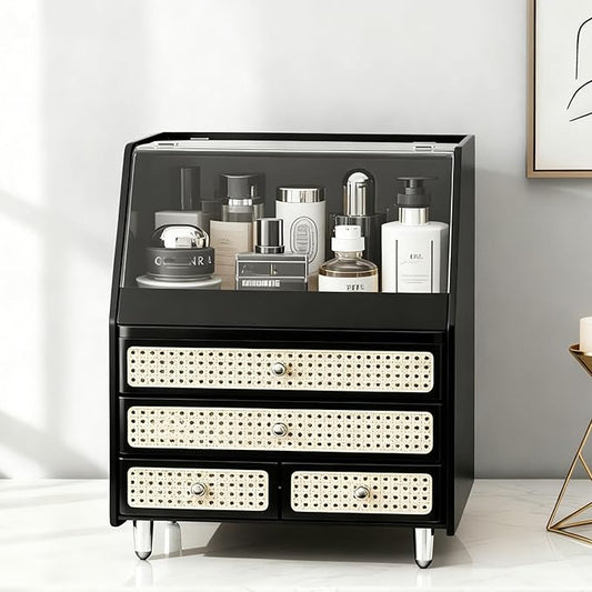 Large Cosmetic Storage Box Dustproof And Waterproof. Display Case with Drawers Countertop Vanity Organizer for Skincare, Lipsticks, Perfume – Bathroom Cosmetic Storage Display Box (Black)