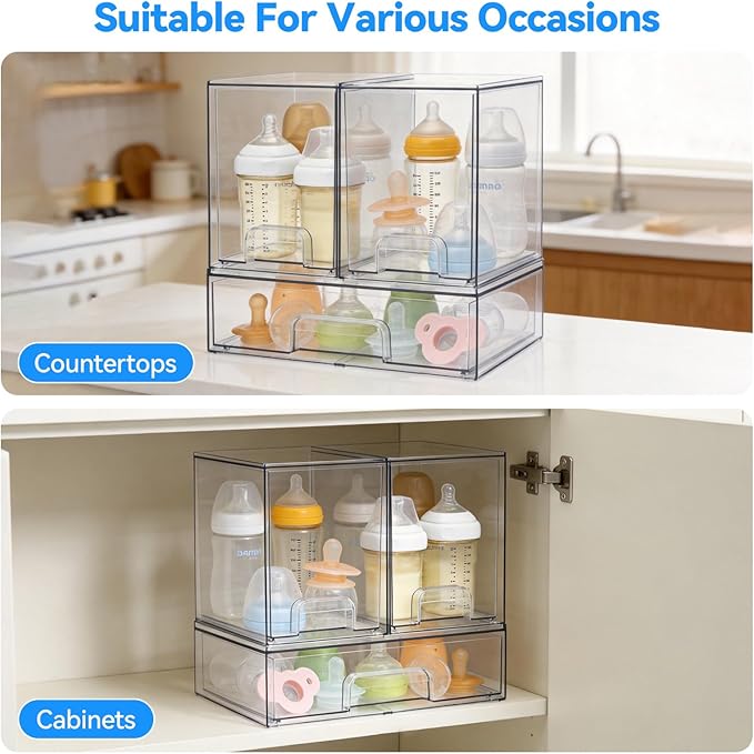 OTraki Baby Bottle Organizer, 3 Pack Stackable Storage Drawers with Labels, Clear Stackable Storage Drawers Acrylic Bottles Station for Pacifiers, Pump Parts, Desk Organizer Bins for Countertop