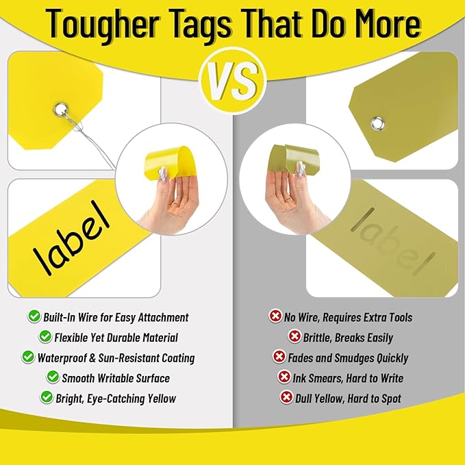Yellow Shipping Tags with Wire - 100PCS 2.36" x 4.72" Plastic Hang Shipping Tags for Labeling,Waterproof Blank Tag, Wire Labels with String for Outdoors,Price,Inventory,Garage Sales,Luggage Clothing