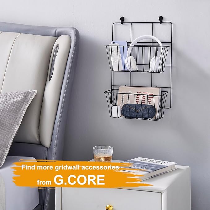 4 Pack Large Grid Wall Baskets with S-Hook - Gridwall Accessories Set Black Metal Hanging Shelf Basket Bins Organizer - Modular Storage Holders for Photo Display Panel Shelving Caddy for Garage