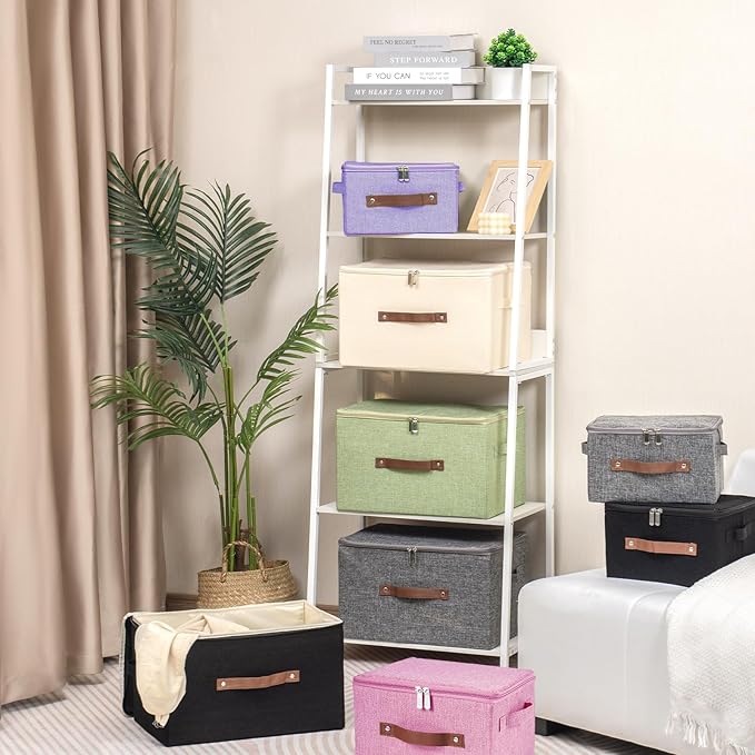 3 Pack Storage Bins with Zipper Lid Fabric Lidded Storage Boxes Baskets Cubes Washable Collapsible PU Leather Handle Cotton Linen Shelves Closet Organizer Container(Pink, Large Size)
