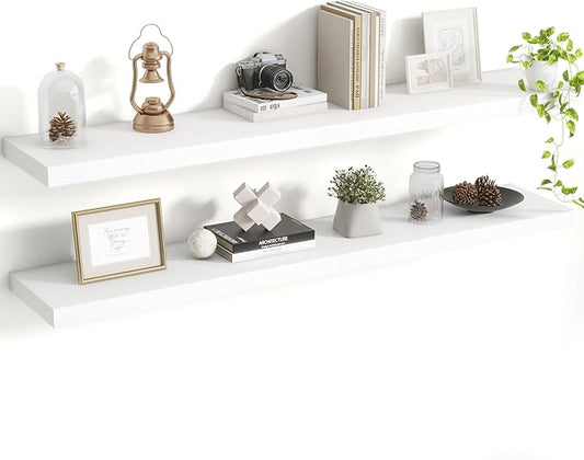 48 Inch Floating Shelves, 8 Inch Deep Floating Shelves for Wall, Hanging Shelf with Invisible Brackets, Deep Shelves for Bathroom, Bedroom, Living Room, White, Set of 2