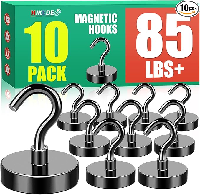 MIKEDE Black Magnetic Hooks, 85Lbs Heavy Duty Earth Magnets with Hooks for Cruise Cabin, Strong Magnet Hooks for Hanging, Super Metal Magnetic Hanger for Grill, Fridge, Kitchen - Pack of 10