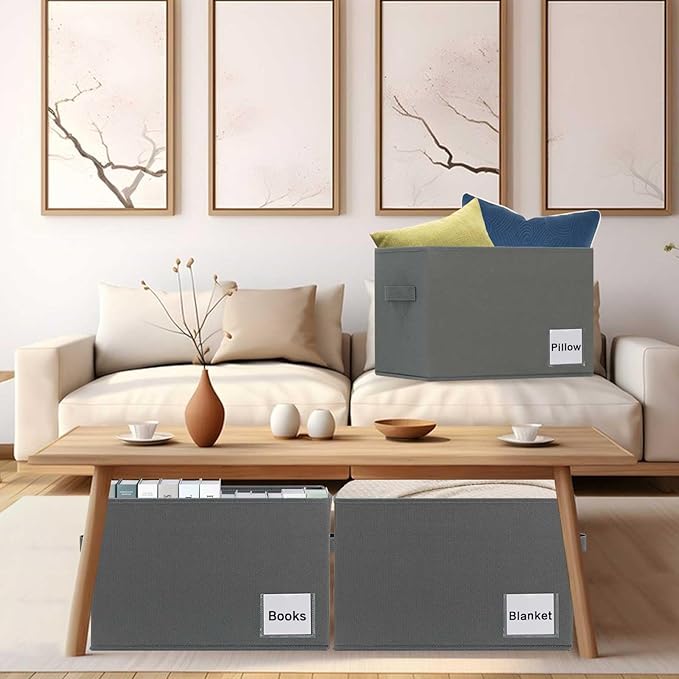 Large Fabric Storage Baskets for Shelves 3 Pack, 15x11in Closet Storage Bins for Shelves, Cloth Baskets for Organizing, Linen Closet Organizers, Grey