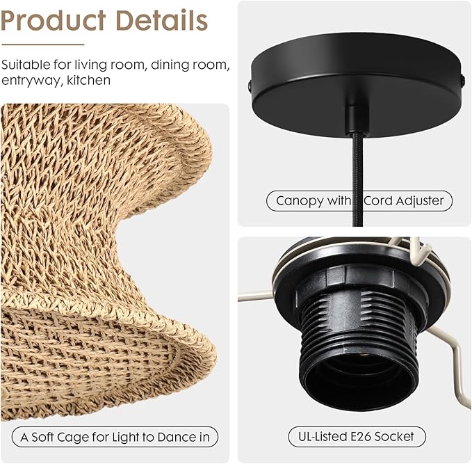 13" Boho Rattan Pendant Light Fixture, Hand Woven Hanging Ceiling Lamp for Kitchen Island, Dining Room, Entryway, Small Rustic Natural Woven Lighting