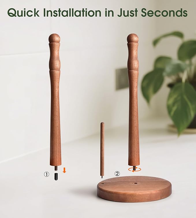Acacia Wood Paper Towel Holder Countertop, Weighted Base Paper Towel Roll Holder for Kitchen Bathroom, One-Handed Operation, Standing Towel Roll Organizer for Standard and Large Rolls