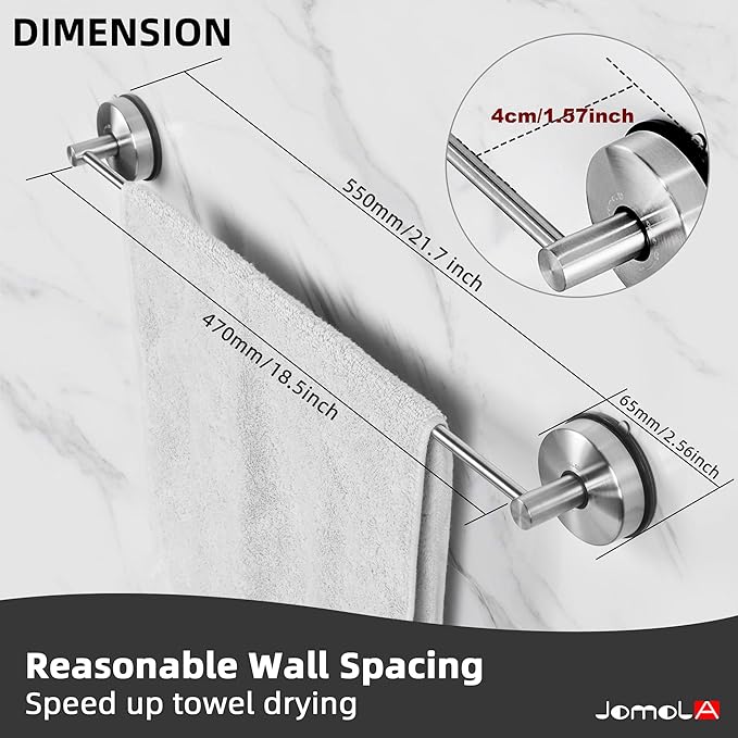 JOMOLA Towel Bar Suction Hand Towel Rack for Bathroom Stainless Steel Kitchen Towel Rail Holder Storage Hanger No Drilling Towel Bar Brushed Finish,22 inches