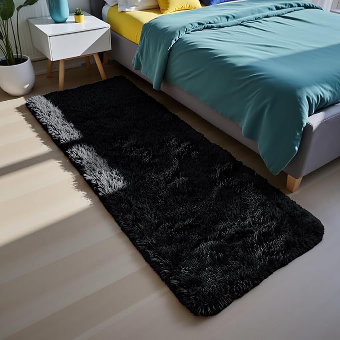 Soft Runner Rugs for Bedroom, Black 3x7 Area Rugs Fluffy Rug Shaggy Area Rug Carpet, Bedside Rug for Living Room Bedroom Kids Room Home Decor
