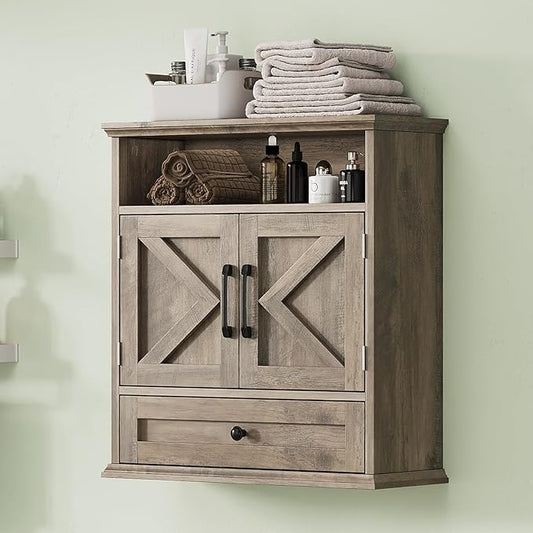 Bathroom Wall Cabinet, Wall Mounted Medicine Cabinet with Drawer, Barn Door & Adjustable Shelf, 24.4"H x 23.6"W x 9"D Grey Over Toilet Farmhouse Storage Cabinet for Kitchen, Laundry, Entryway