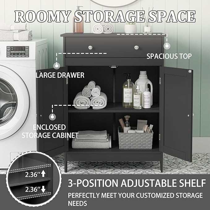 Karl home Black Floor Storage Cabinet, Freestanding Storage Unit with 2 Doors, Thin Toilet Organizer for Small Spaces，for Entryway, Bathroom