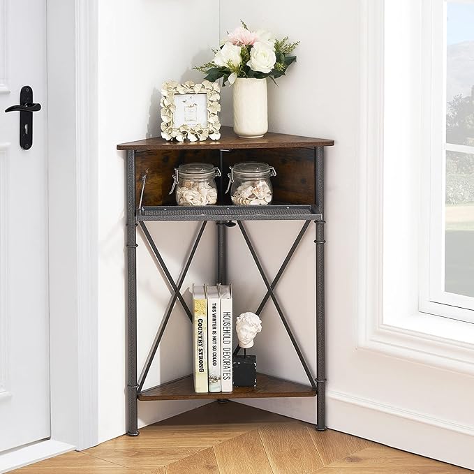 VECELO 3 tier Corner Table/Cabinet with Flip Door and Storage Shelves, Free-Standing Organizer for Compact Space in Living Room/Study/Lobby/Bedroom,Industrial
