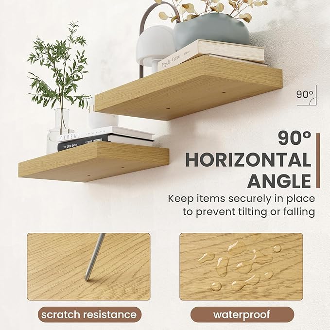 72 Inch Floating Shelves, 8 Inch Deep Floating Shelves for Wall, Hanging Shelf with Invisible Brackets, Deep Shelves for Bathroom, Bedroom, Living Room, Oak, Set of 2