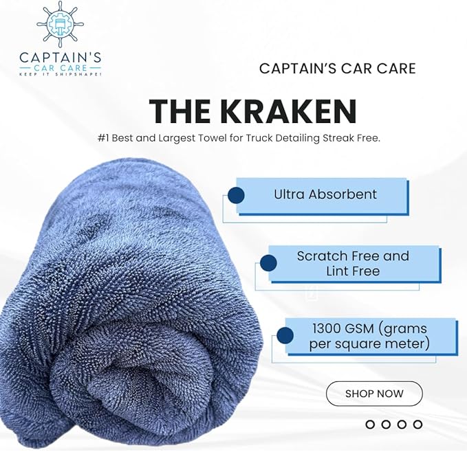 Captain's Car Care "The Kraken Drying Towel #1 Best and Largest Towel for Truck Detailing Streak Free, Massive 30x40 Inch Size, 1300 GSM Ultra Soft, Large Twisted-Loop Microfiber 70/30 Blend
