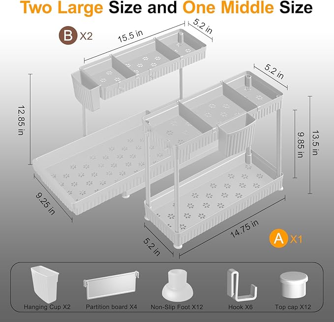 3 Pack Multi-Purpose Under Sink Organizers and Storage (White, 12.85 inches)