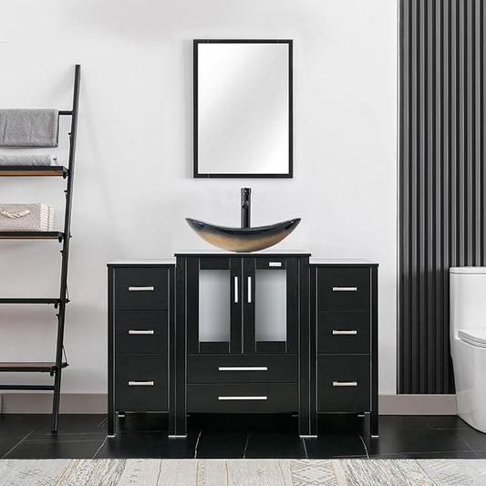 eclife 48" Modern Bathroom Vanity Sink Combo Freestanding Cabinet with Small Side Cabinet, Champagne Boat Glass Vessel Sink, Water Save Faucet, Drain (Black+A29CH)