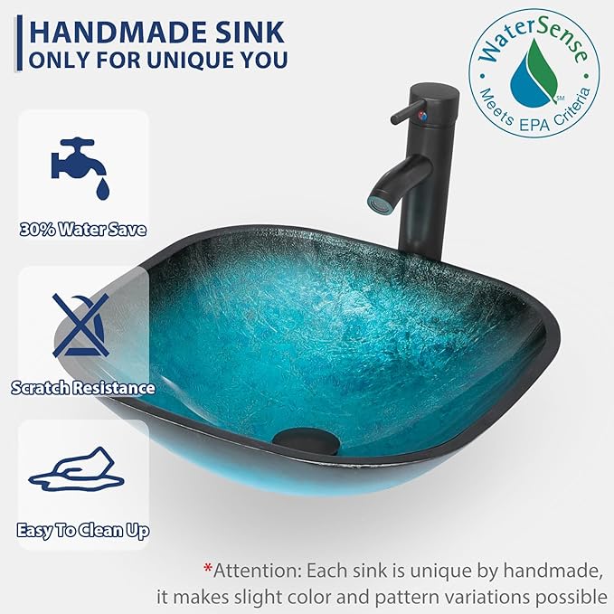 eclife 24" Modern Bathroom Vanity Sink Combo Freestanding Cabinet with Soft Closing Door, Turquoise Square Glass Vessel Sink, Water Save Faucet, Drain (White+A10)