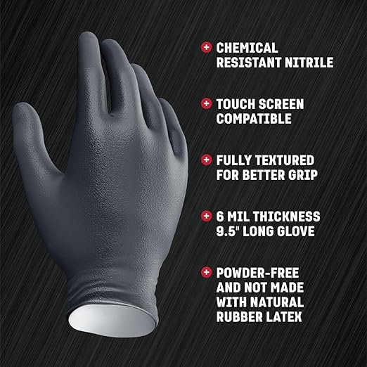 Venom Steel Industrial Nitrile Gloves,Chemical Resistant Disposable Black Gloves,Latex-Free,Powder-Free,Textured Grip,Heavy Duty Two-Layer Protection,6 mil,Large,(Pack of 1000)